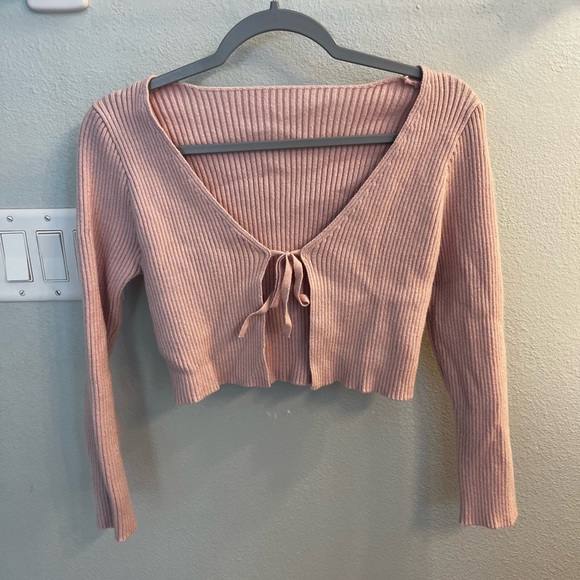 Ribbed Knit pink Tie-Front Cardigan - Picture 2 of 4